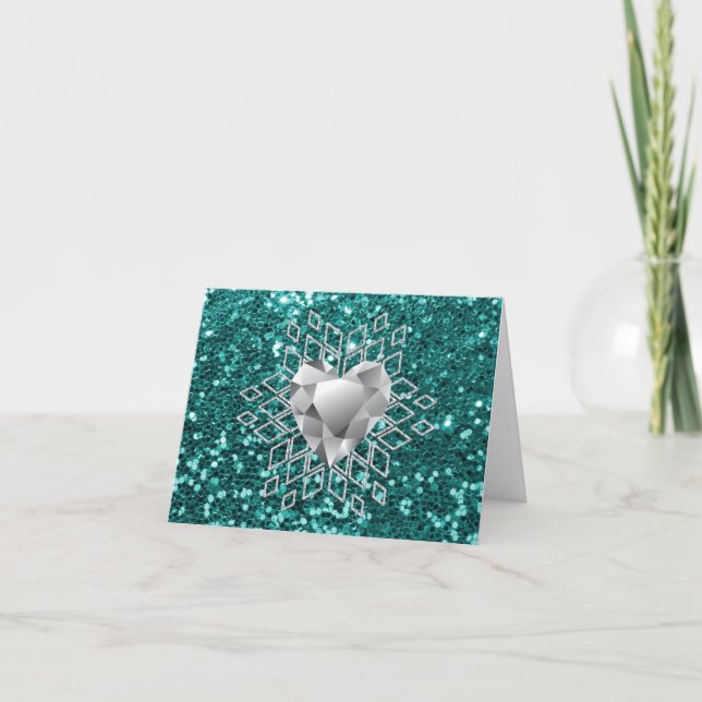 Cartão De Festividades Teal Faux Glitter Diamond Heart Snowflake (Frente)