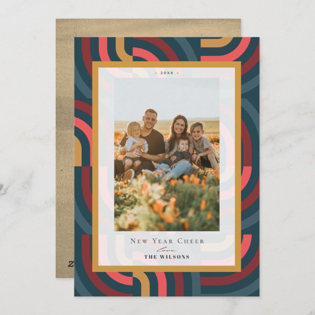 Cartão De Festividades Teal Geométrico Máximo 2 Foto do Ano Novo (Frente/Verso)