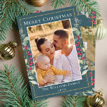 Cartão De Festividades Teal Green Dourado Natal Holly Berries 2 Foto<br><div class="desc">Cartão de Férias de Natal Dourado Teal Green Holly Berries 2</div>