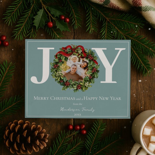 Cartão De Festividades Teal Joy Christmas Wreath Photo (Teal Joy Christmas Wreath Photo Holiday Card)