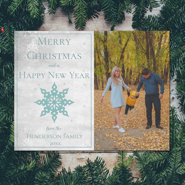 Cartão De Festividades Teal Modern Snowflake Foto (Teal Modern Snowflake Photo Holiday Card)