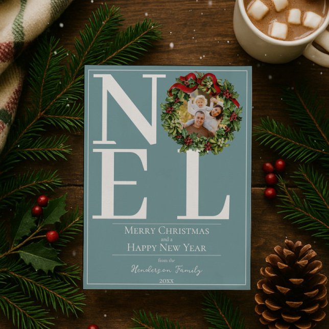 Cartão De Festividades Teal Noel Christmas Wreath Photo (Teal Noel Christmas Wreath Photo Holiday Card)