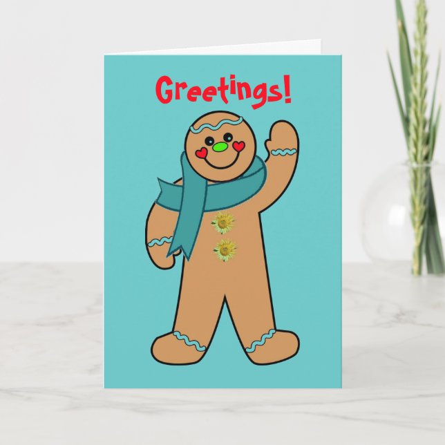 Cartão De Festividades Teal Ribbon Gingerbread Card (Frente)