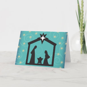 Cartão De Festividades Teal Starry Night Christmas Nativity Greeting Card