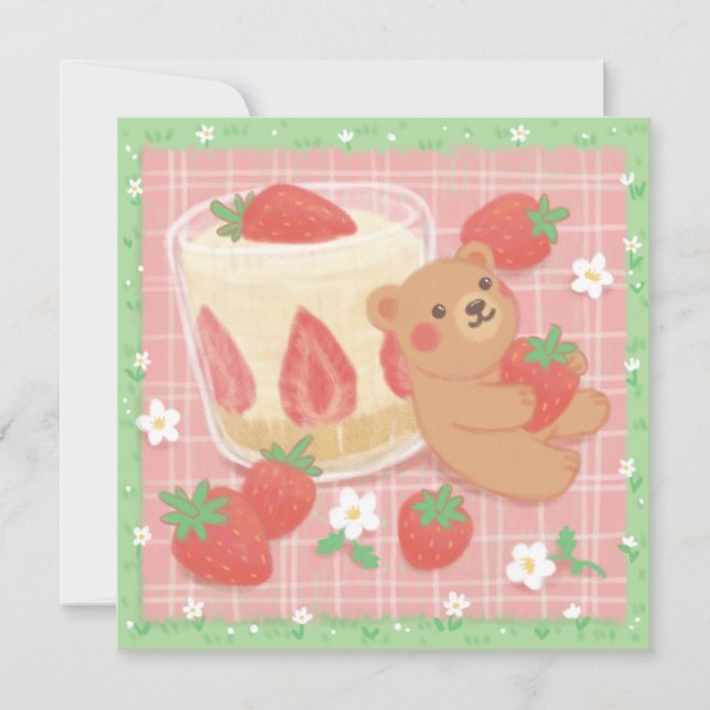 Cartão De Festividades Teddy Bear Picnic with Strawberries (Frente)