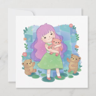 Cartão De Festividades Teddy Bears & Girl Illustration