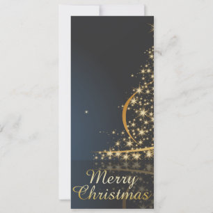Cartão De Festividades Tema de Natal Azul com Árvore de Natal Dourada