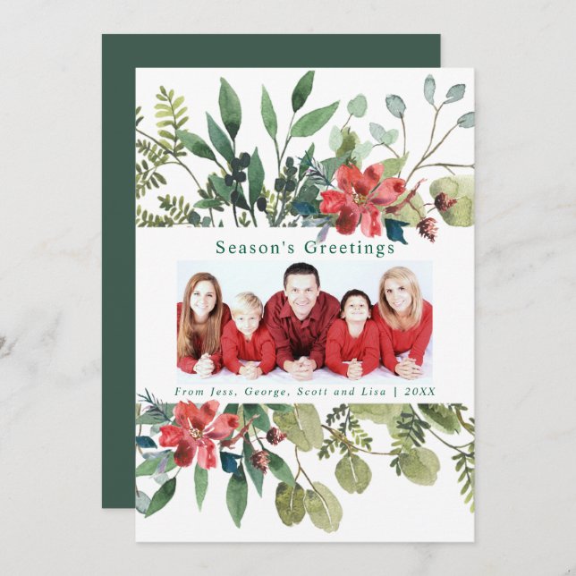 Cartão De Festividades Tendy Photo Winter Greenery com Flor Vermelha (Frente/Verso)