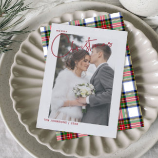 Cartão De Festividades Tendy Red Xadrez Feliz Foto do Script de Natal