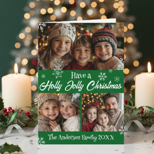 Cartão De Festividades Tenham Uma Foto Da Família Verde Holly Jolly Chris