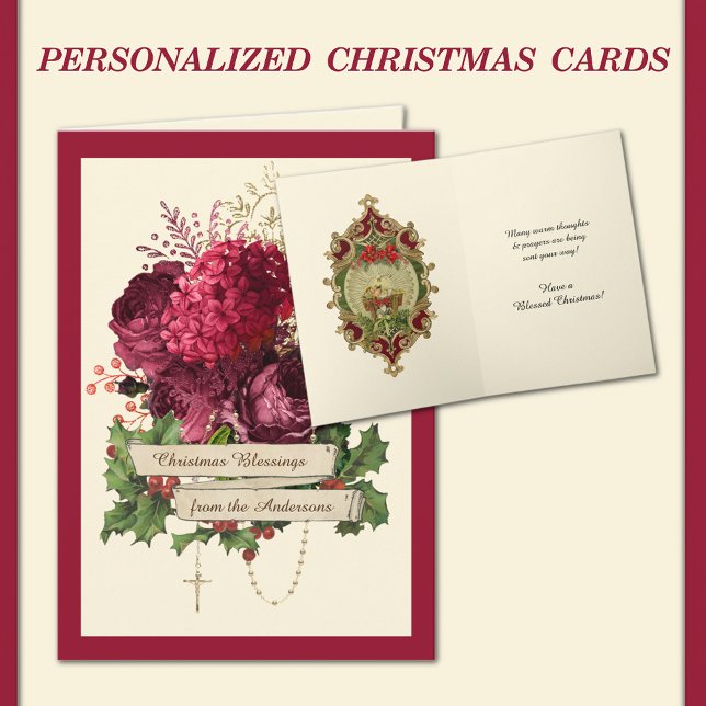 Cartão De Festividades Terço Católico Rosas Jesus Bebê Religioso (TRADITIONAL CATHOLIC VINTAGE CHRISTMAS CARD WITH HOLY ROSARY AND BABY JESUS )