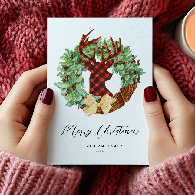 Cartão De Festividades Terra de Natal de cervo russo moderno não fotográf (Modern Rustic Deer Christmas Wreath Holiday Card)