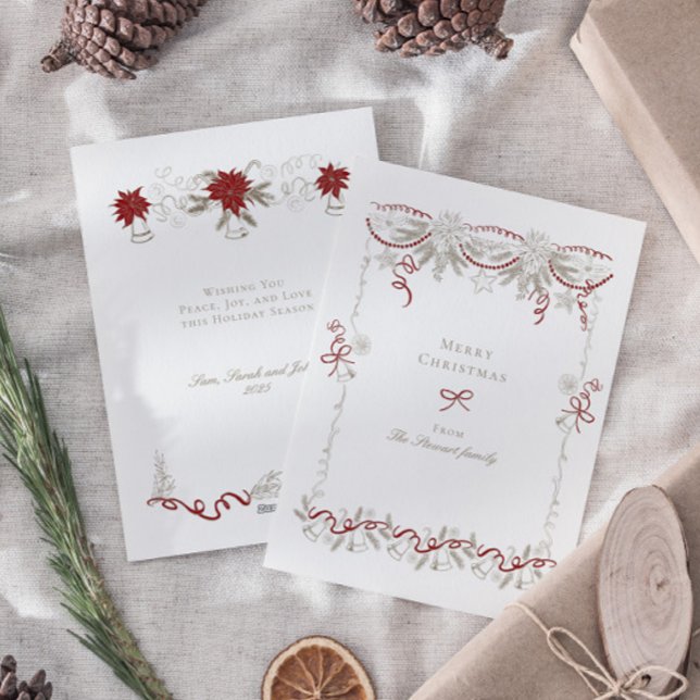 Cartão De Festividades Terra de Natal Desenhada pela Mão Retro Elegante (Elegant Vintage Retro Merry Christmas Wreath Holiday Card)