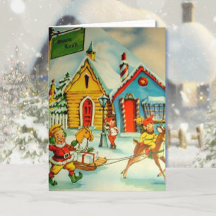 Cartão De Festividades Terra dos Elfos e Papai Noel Vintage na Neve