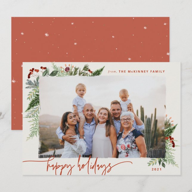 Cartão De Festividades Terracota Bege Moderno Script Boho Folhagem Foto (Frente/Verso)