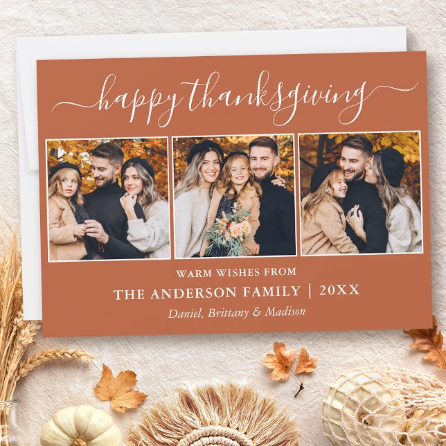 Cartão De Festividades Terracotta 3 Foto Ação de Graças da Caligrafia Mod (Customize to add text to back of card or to change color of text or color of back of card.)