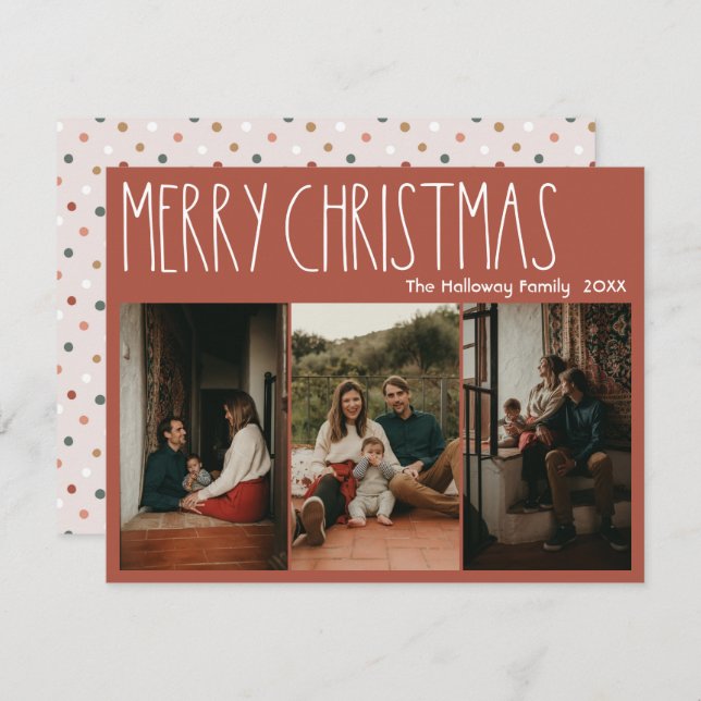 Cartão De Festividades Terracotta Boho Bolinhas Natal Três Foto (Frente/Verso)
