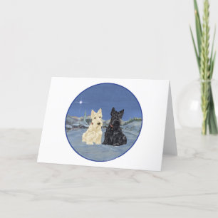 Cartão De Festividades Terriers Escoceses Preto e Trigo no Inverno