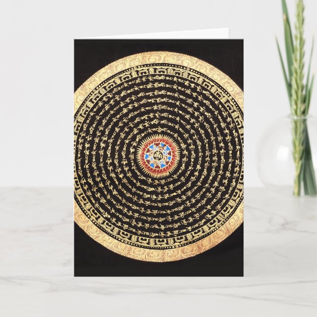 Cartão De Festividades Texto de Mandala Tibetano (Dourado e preto) (Frente)