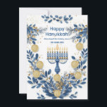 Cartão De Festividades Texto personalizado Blooms de Hanukkah Radiante<br><div class="desc">Apresentando o "Cartão de Sangue Radiante Chanucá"! Este elegante cartão de saudação quadrado é perfeito para celebrar Chanucá com um toque pessoal. O cartão apresenta uma menorah ilustrada de forma elegante com todas as velas acesas, rodeadas por ilustrações intrincadas de aquarelas, de flores azuis e brancas, de ouros e de...</div>