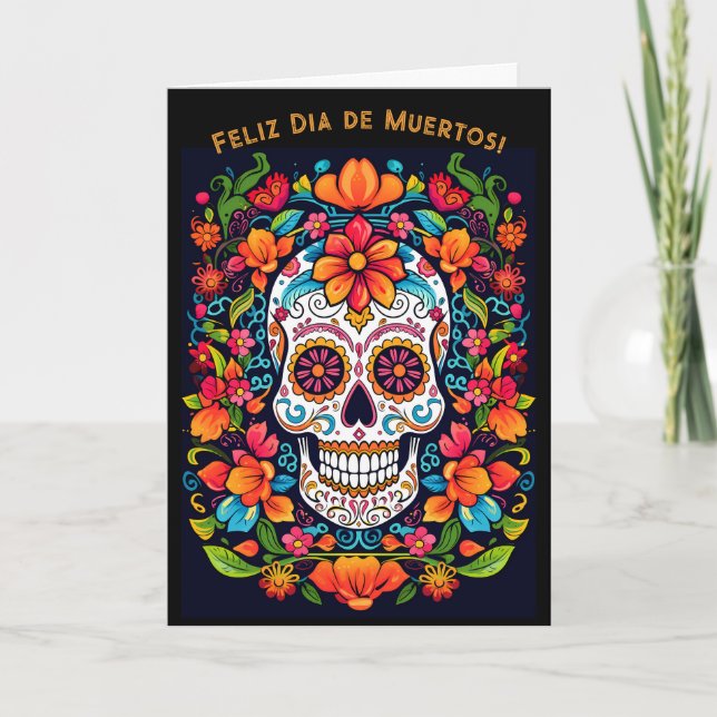 Cartão De Festividades Texto personalizado Dia de Muertos ☠️ Crânio do Aç (Frente)