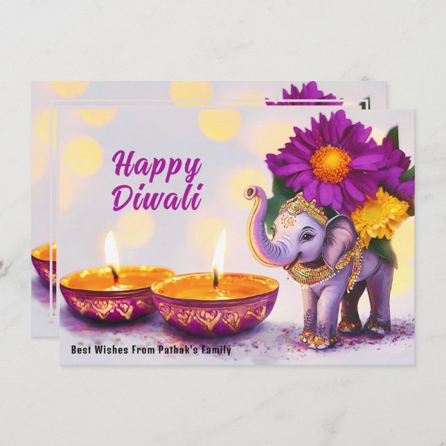 Cartão De Festividades Texto personalizado, Elegância do Elefante Diwali (Frente/Verso)