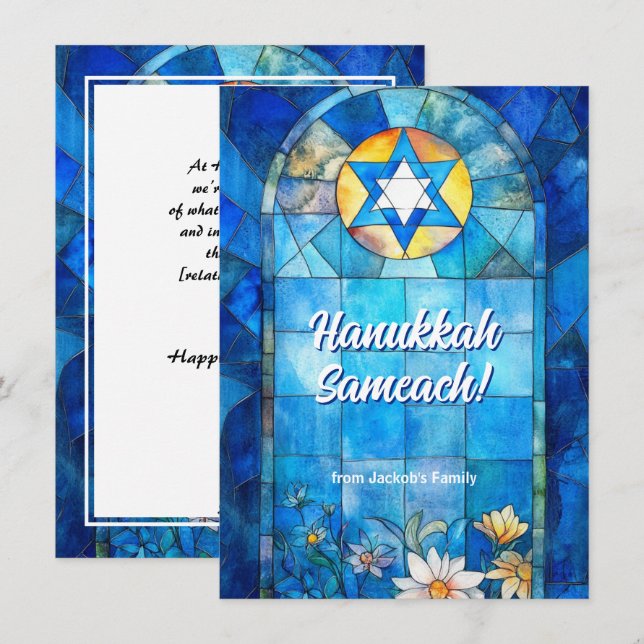 Cartão De Festividades Texto personalizado Feliz Hanukkah, vidro manchado (Frente/Verso)