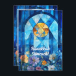 Cartão De Festividades Texto personalizado Feliz Hanukkah, vidro manchado<br><div class="desc">Mande suas saudações a Chanucá com um toque de elegância e tradição! Esta placa de saudação simples Feliz Hanukkah apresenta um design de vitrine manchada em tons de azul, com uma estrela amarela radiante de David no centro. Abaixo da estrela, duas lindas flores com pétalas roxas e folhas verdes adicionam...</div>