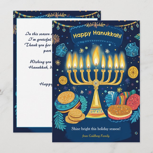 Cartão De Festividades Texto personalizado Festival das Luzes Menorah (Frente/Verso)