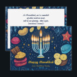 Cartão De Festividades Texto personalizado Festival de Luzes:<br><div class="desc">Apresentando o "Festival das Luzes: Um Cartão de Celebração de Chanucá Familiar"! Esta vibrante e festiva carta de saudação é perfeita para celebrar Chanucá. A frente apresenta uma linda menorah ilustrada com todas as velas acesas, cercada por símbolos tradicionais de Chanucá, como sonhos, gelt, sufganiyot e lats. O fundo azul...</div>