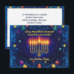 Cartão De Festividades Texto personalizado Festival de Luzes Elegância<br><div class="desc">Apresentando o cartão de saudação "Festival das Luzes Elegância"! Este cartão vibrante e festivo é perfeito para celebrar Chanucá. A frente apresenta uma linda menorah ilustrada com todas as velas acesas, lançando um brilho quente contra um fundo azul profundo adornado com sutis padrões florais e estrelas cintilantes. A saudação "Chag...</div>