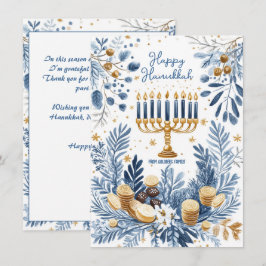 Cartão De Festividades Texto personalizado Flor Azul Hanukkah Menorah