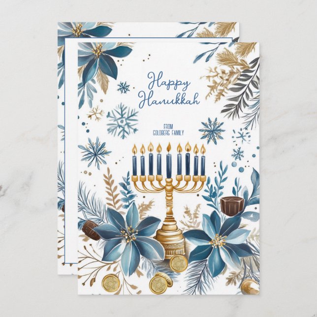 Cartão De Festividades Texto personalizado Flor Azul Hanukkah Menorah (Frente/Verso)