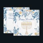 Cartão De Festividades Texto personalizado Folhagem Festiva Hanukkah<br><div class="desc">Apresentando o "Cartão Festivo de Folhagem Chanucá"! Este elegante cartão de saudação quadrado é perfeito para celebrar Chanucá com um toque pessoal. O cartão apresenta uma menorah ilustrada de forma elegante com todas as velas acesas, rodeadas por ilustrações intrincadas de cor d'água das moedas de folhagem e ouro azul e...</div>