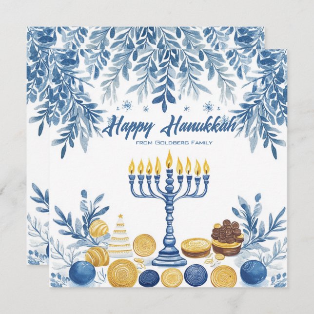 Cartão De Festividades Texto personalizado Folhagem Festiva Hanukkah (Frente/Verso)