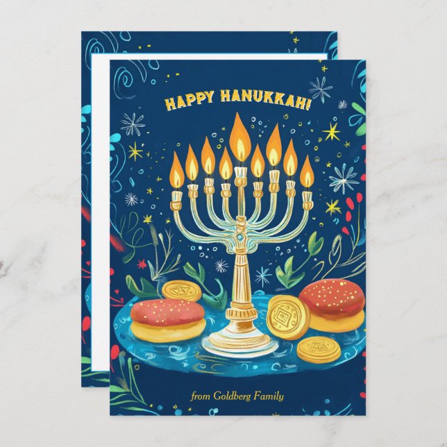 Cartão De Festividades Texto personalizado que Starlit Hanukkah deseja (Frente/Verso)