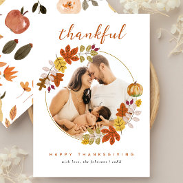 Cartão De Festividades Thankful Script Fall Botanicals Photo Thanksgiving
