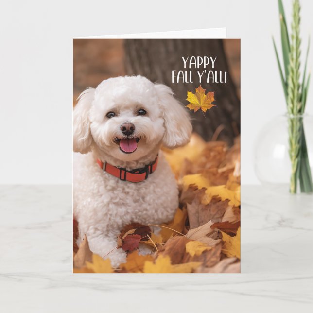 Cartão De Festividades Thanksgiving Bichon Frise Dog with Autumn Leaves (Frente)