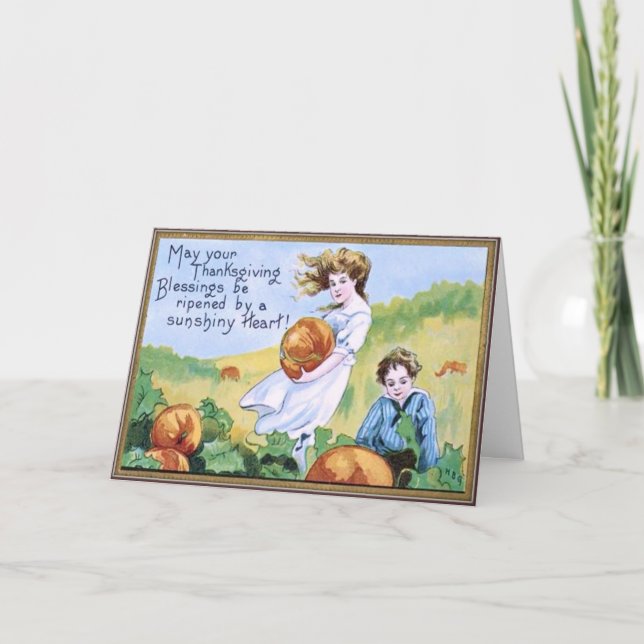 Cartão De Festividades Thanksgiving Card - Children in Pumpkin Patch (Frente)