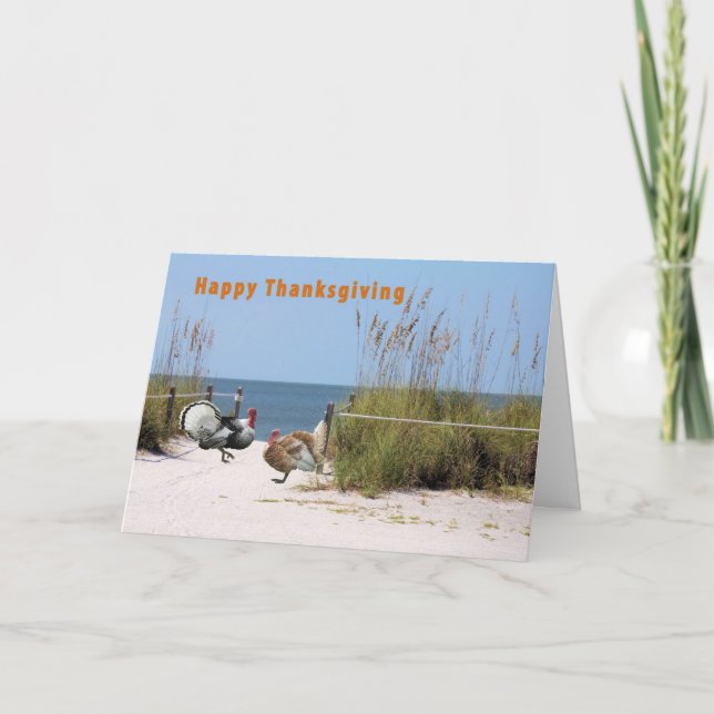 Cartão De Festividades Thanksgiving Card, Humor with Turkeys on the Beach (Frente)