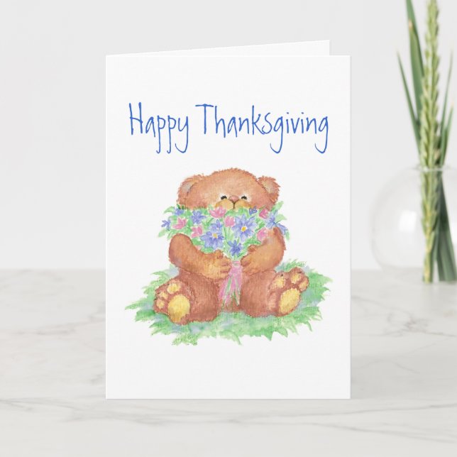 Cartão De Festividades Thanksgiving,Give Thanks, Teddy Bear Flowers (Frente)