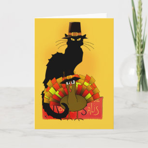 Cartão De Festividades Thanksgiving Le Chat Noir With Turkey Pilgrim