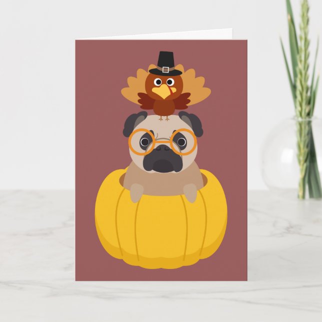 Cartão De Festividades Thanksgiving Turkey & Pug Greeting Card (Frente)