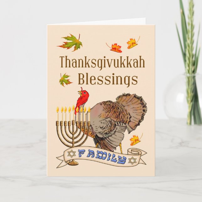 Cartão De Festividades Thanksgivukkah Blessings Card - Turkey & Menorah (Frente)