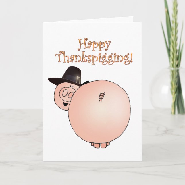 Cartão De Festividades "Thankspigging" Funny Cartoon Pig Thanksgiving (Frente)