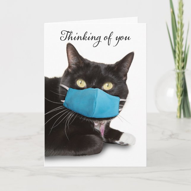 Cartão De Festividades Thinking of You Cat in Blue Face Mask (Frente)