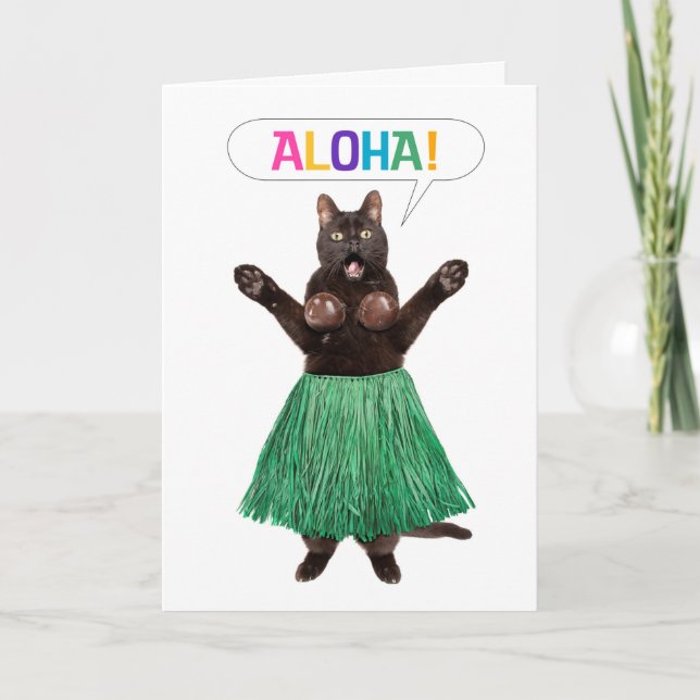 Cartão De Festividades Thinking of You Hello Funny Cat in Grass Skirt Say (Frente)