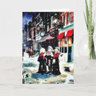 Cartão De Festividades Three persons standing on a street singing christm