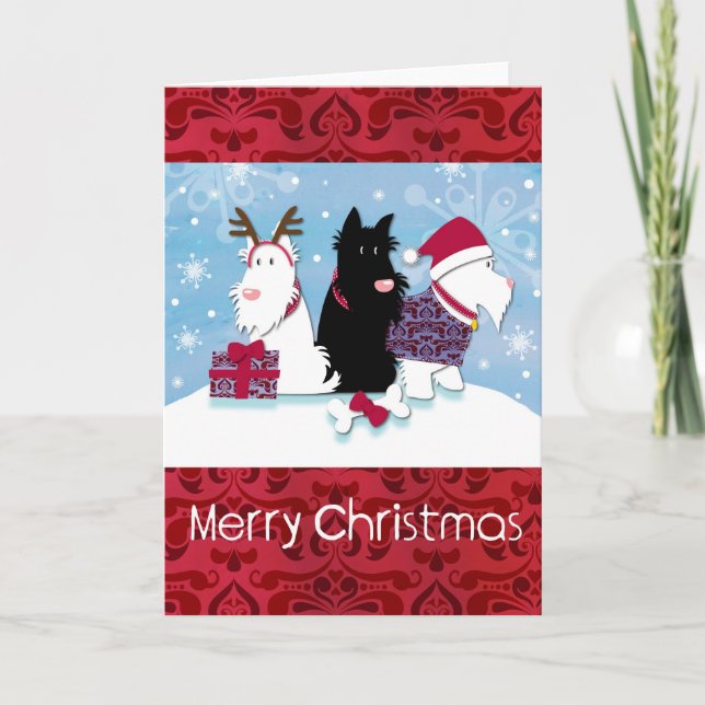 Cartão De Festividades Three Scotty Dogs Christmas Card (Frente)