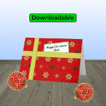 Cartão De Festividades Tia do Natal vermelho moderno<br><div class="desc">Cartões de natal pessoais para a sua tia. O cartão tem a aparência de uma parcela com um padrão colorido de flocos de neve estilizados em ouro e cores verdes sobre fundo vermelho. A parcela está amarrada com uma "fita" ouro, e tem uma "etiqueta de presente" com a mensagem "Feliz...</div>